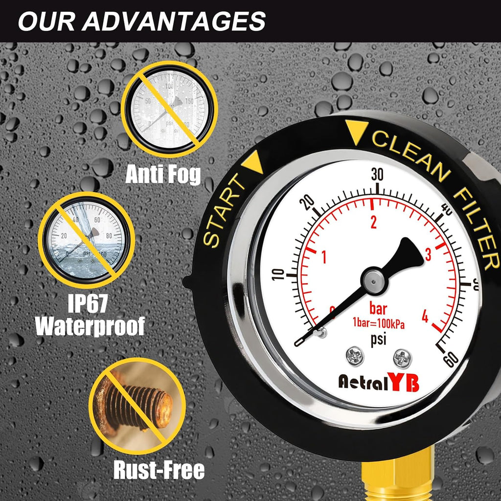 60Psi Pool Filter Pressure Gauge, IP67 Waterproof,2" Dial,1/4NPT