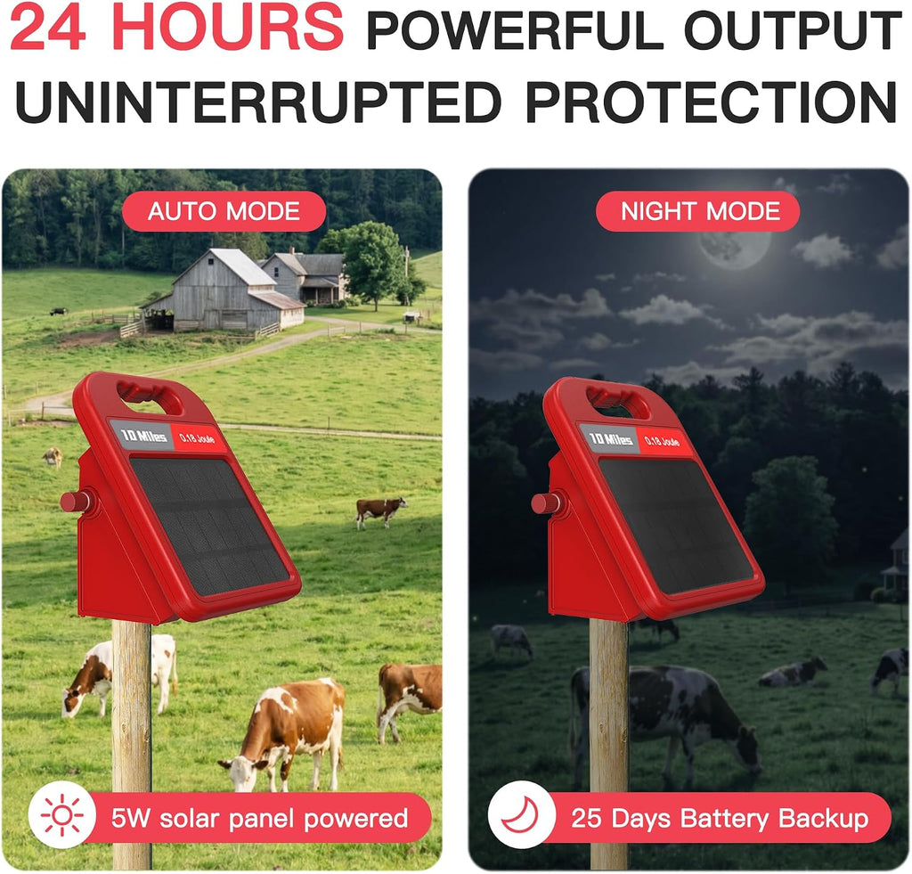 10 Mile Solar Fence Charger 0.18J Electric Fence Energizer with Day Night Mode 24-Hour Protection Red