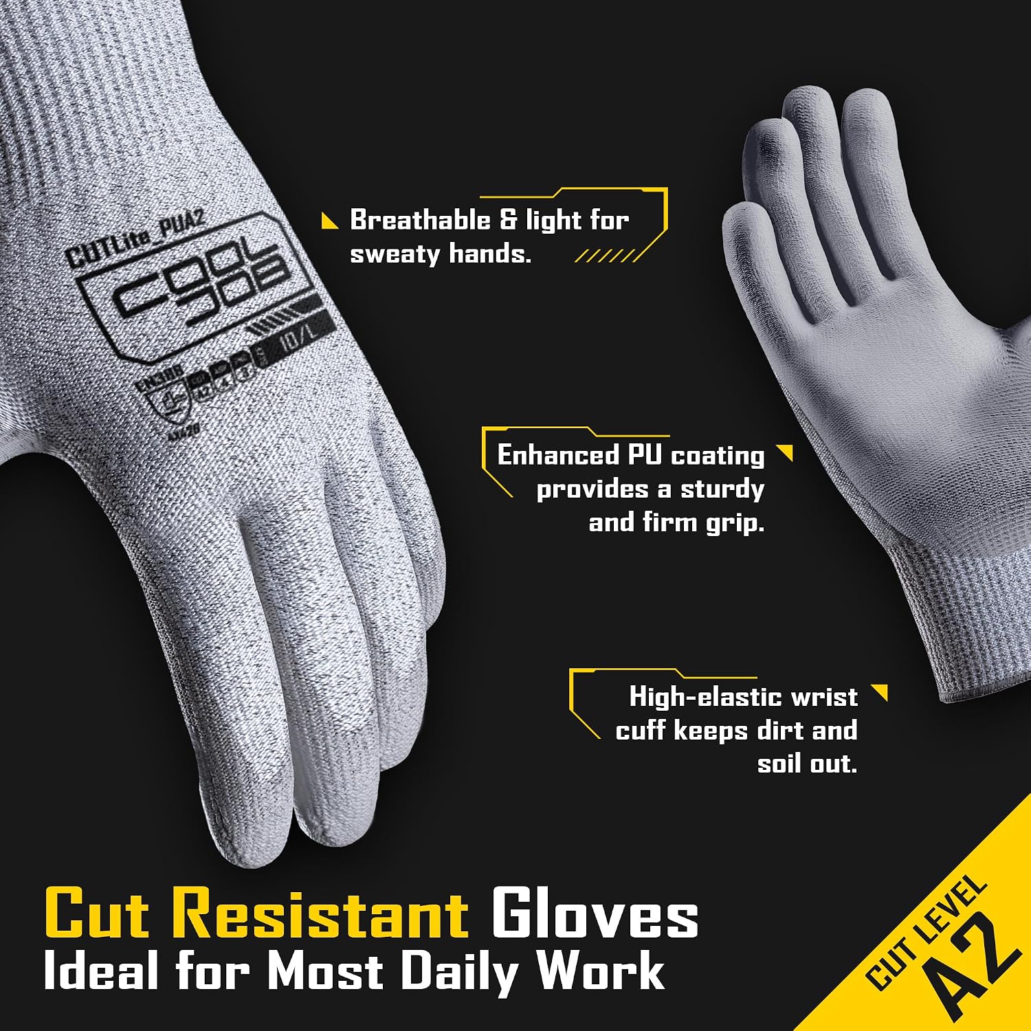 12/120 Pairs Cut Resistant Safety Work Gloves with Grip, 13 Gauge Seamless Shell with PU Coating, ANSI A2 A4 A6, Gray