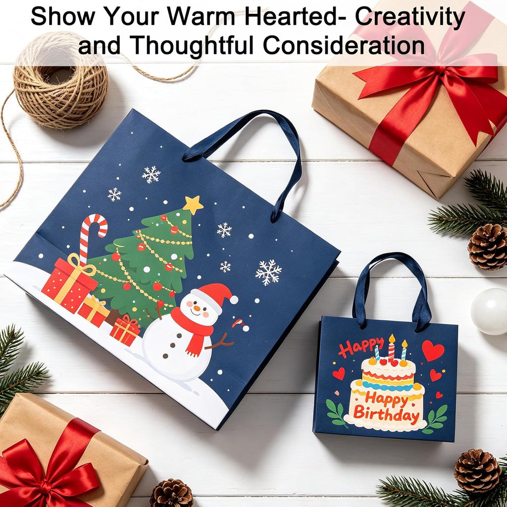 Navy Blue Gift Bags 12 Pack, 16x6x12 Inches Extra Large Paper Gift Bags with Ribbon Handles, Kraft Gift Wrap Bags for