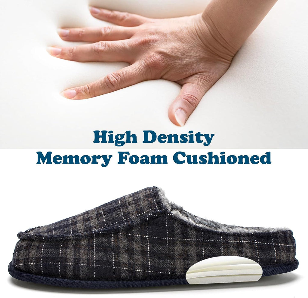 Mens Slippers Memory Foam Non Slip Backless Moccasins | Open heel slip on design, plush lining, cushioned footbed and