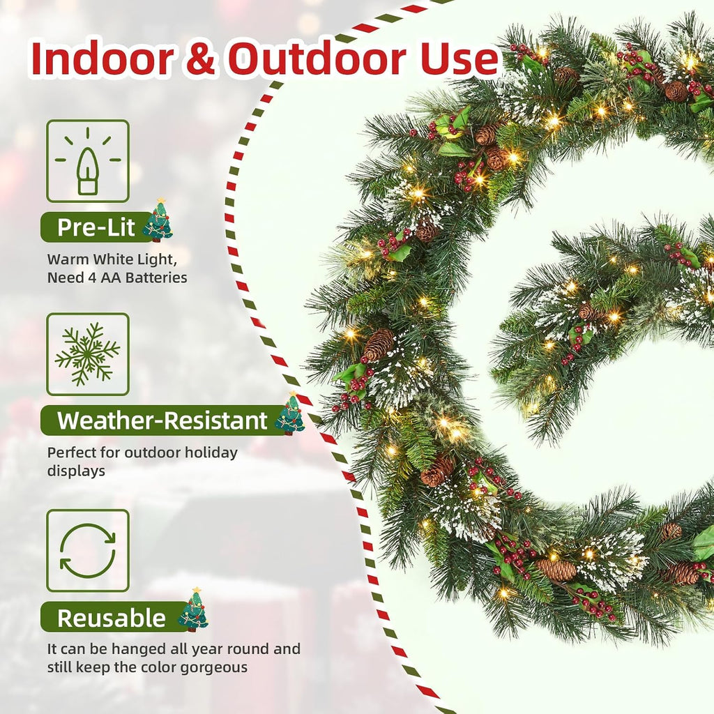 Christmas Wreath and Garland Set of 6, PreLit LED Artificial Christmas Décor with One Xmas Wreath and Arc Garland, 2