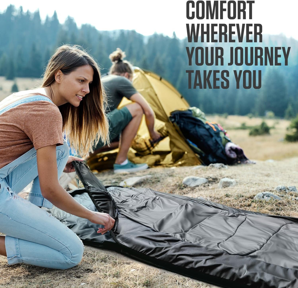 Backpacking Sleeping Bag for Camping - Single, XXL & Double | Water-resistant, breathable polyester. Compresses into