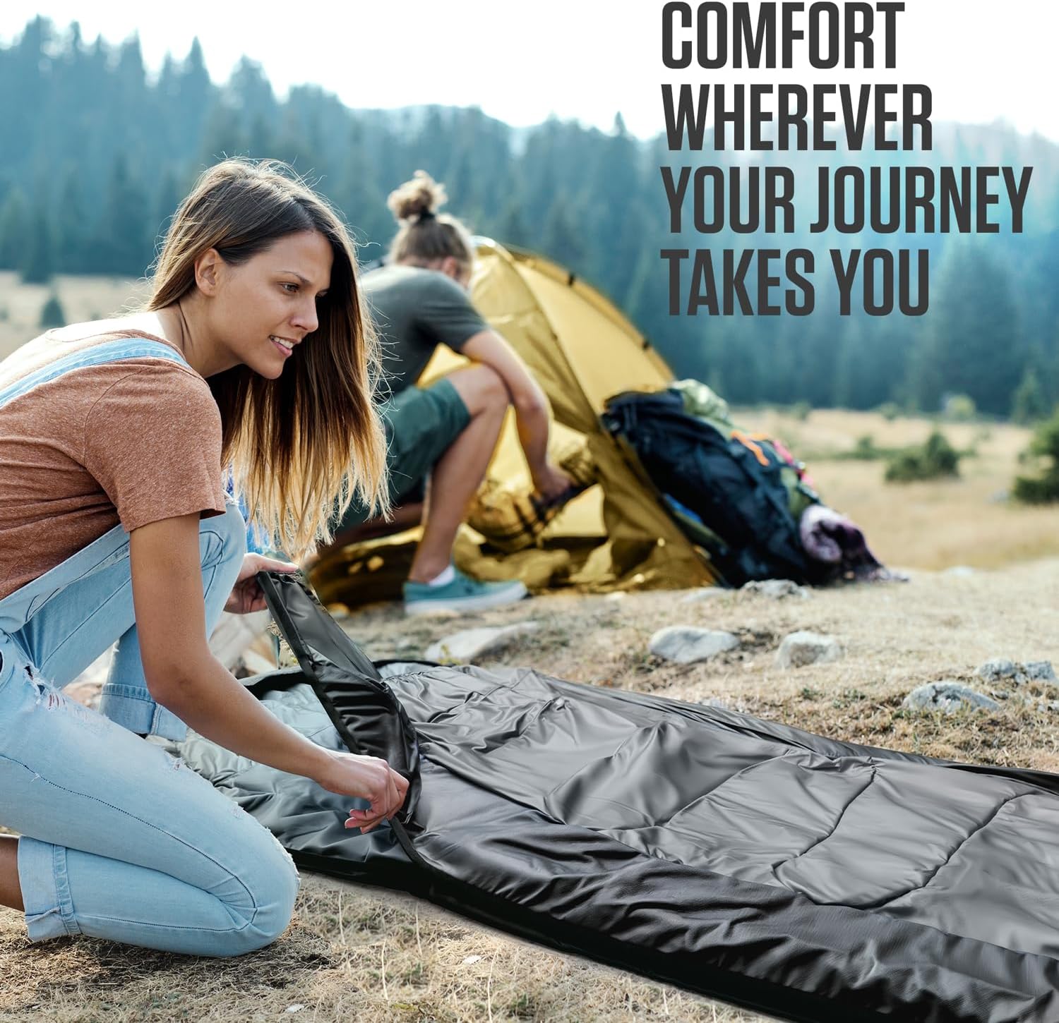 Backpacking Sleeping Bag for Camping - Single, XXL & Double | Water-resistant, breathable polyester. Compresses into