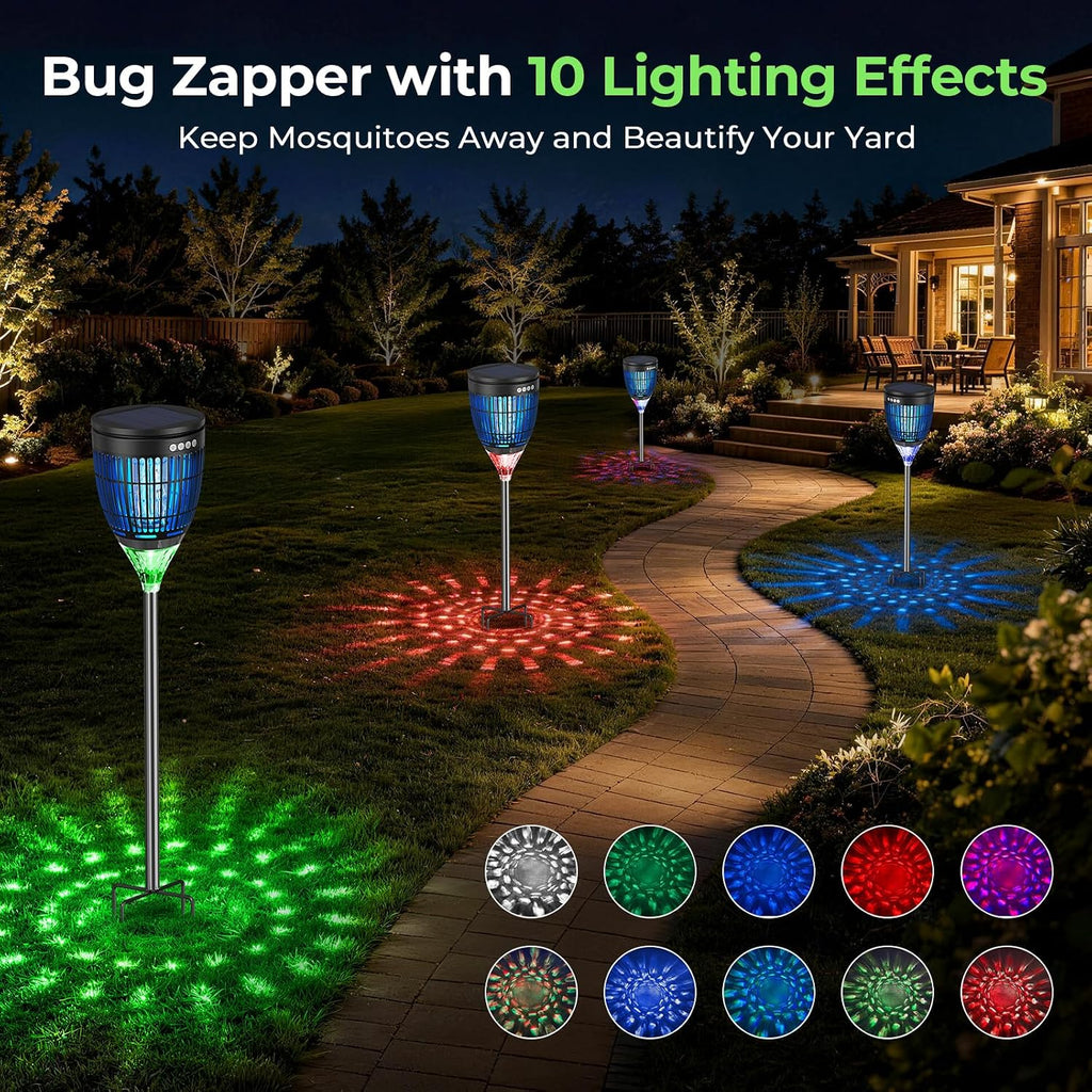 Solar Bug Zapper Outdoor, 3 in 1 Solar Mosquito Zapper with Flame, Projection Mode, Auto On/Off, Grounding Bracket