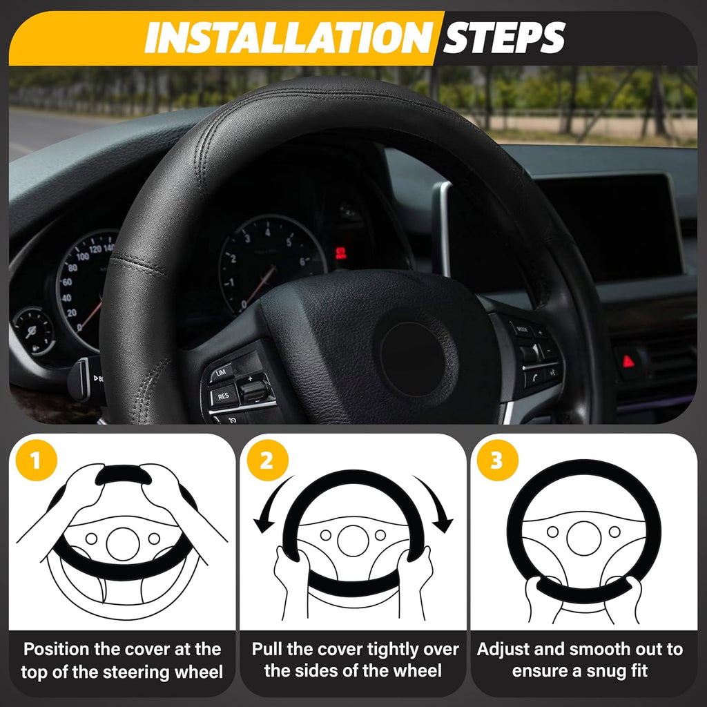 Car Steering Wheel Cover | Premium & Durable PU Leather with Anti-Slip Design | Universal Fit 14.5" - 15" Steering