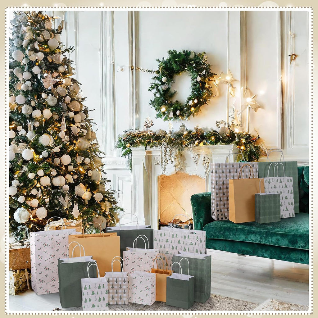18 Pcs Green White Christmas Kraft Gift Bags, Neutral Aesthetic