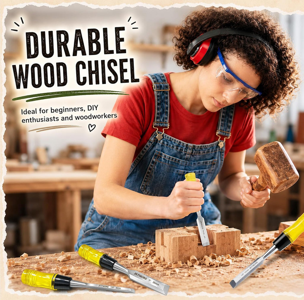 Wood Chisel, 4 Piece CR-V Steel Blades Wood Chisel Sets Woodworking | Chrome-vanadium steel edges support clean cuts