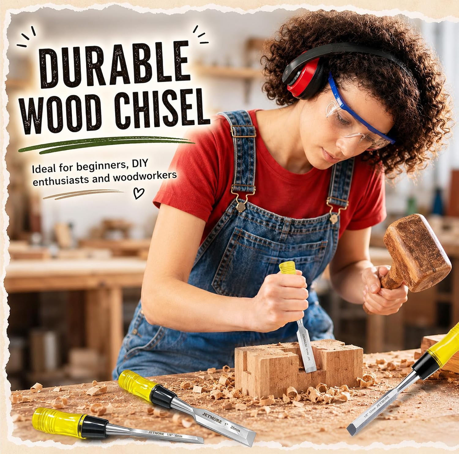 Wood Chisel, 4 Piece CR-V Steel Blades Wood Chisel Sets Woodworking | Chrome-vanadium steel edges support clean cuts