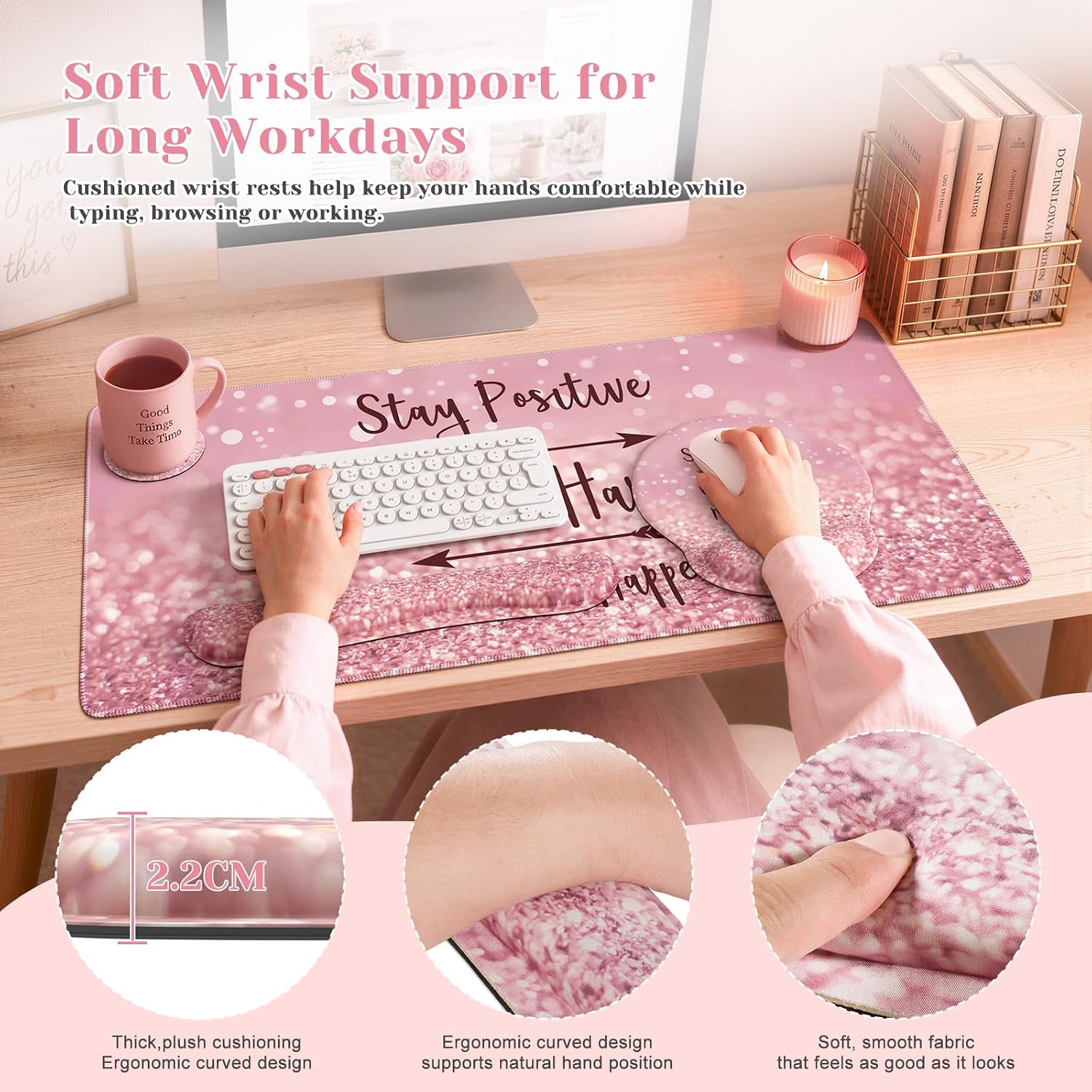 Pink Ergonomic Mouse Pad with Wrist Rests Set for Desk Accessories
