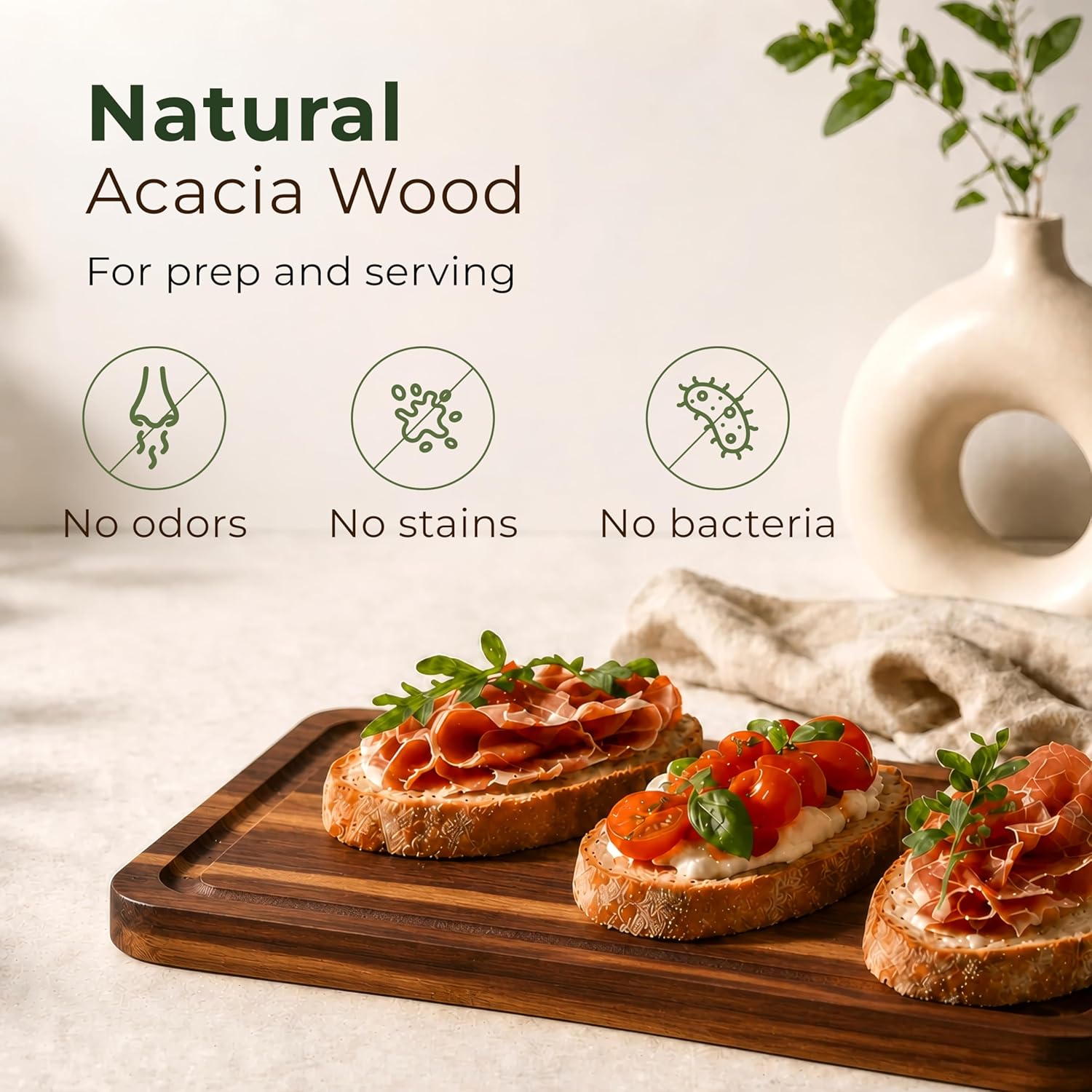 Acacia Wood Cutting Board Set of 3 with Holder, Juice Grooves & Built-in Handles - Durable, Wooden Cutting Boards for