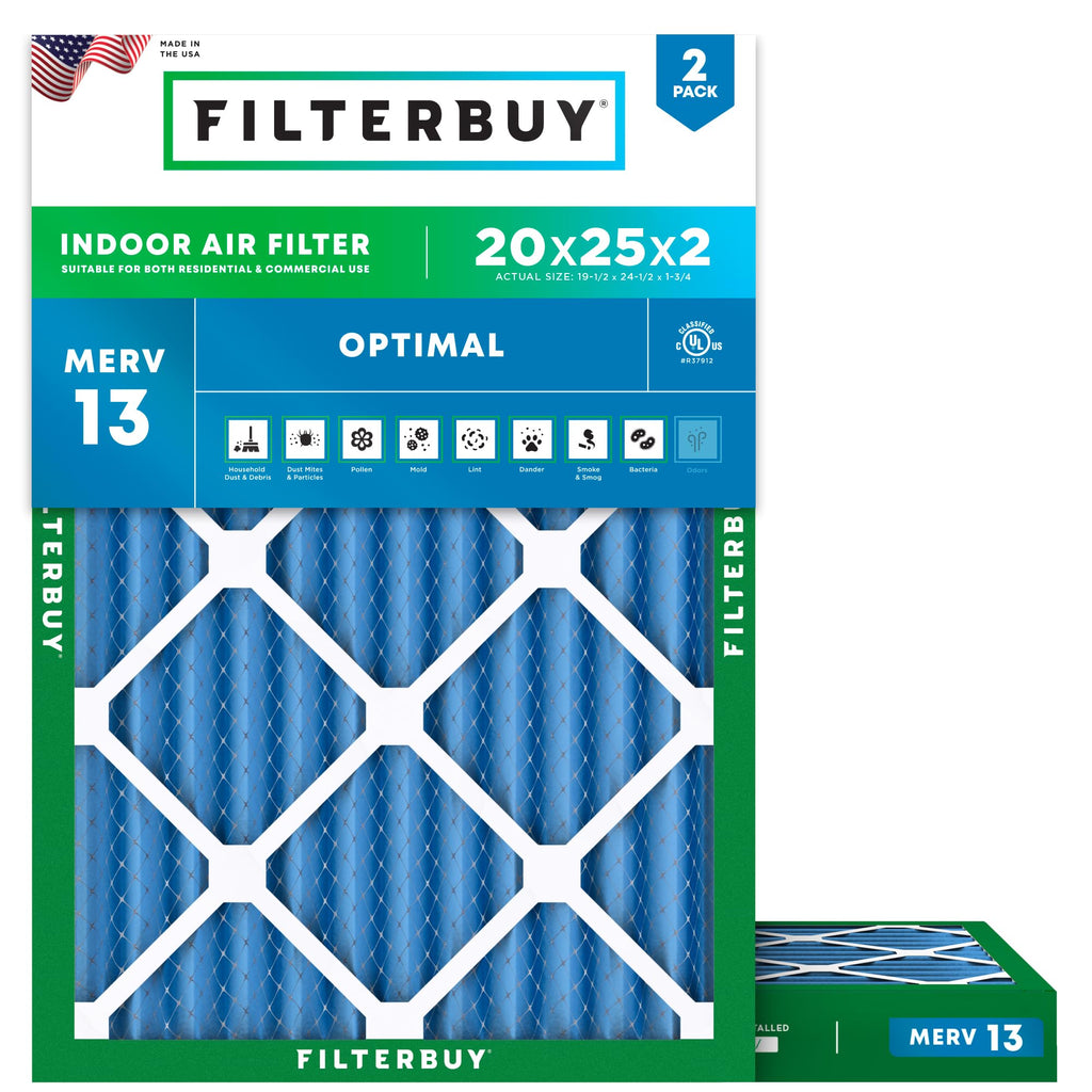 20x25x2 Air Filter MERV 13 Smoke & Allergy Defense (2-Pack)