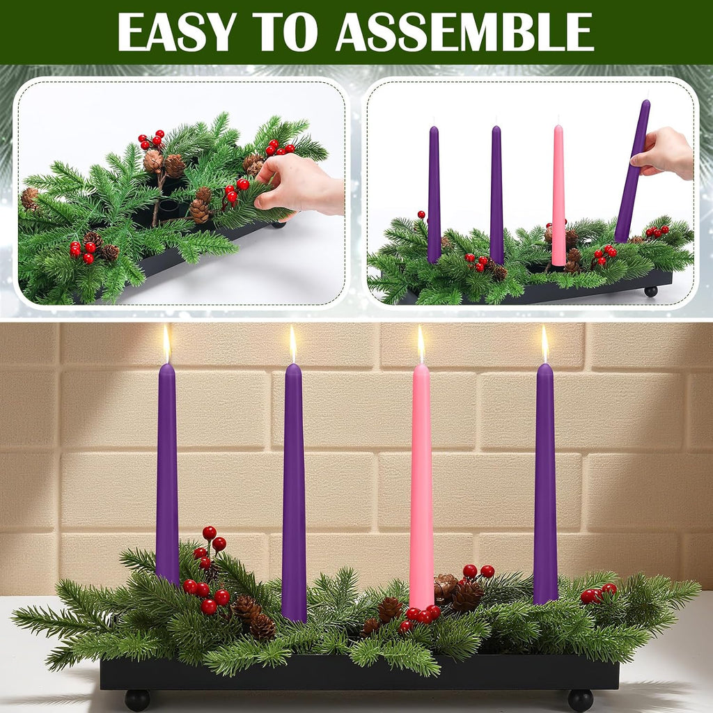 Advent Candle Holder Black Iron Tray 4 Candles 15 Pine Needles