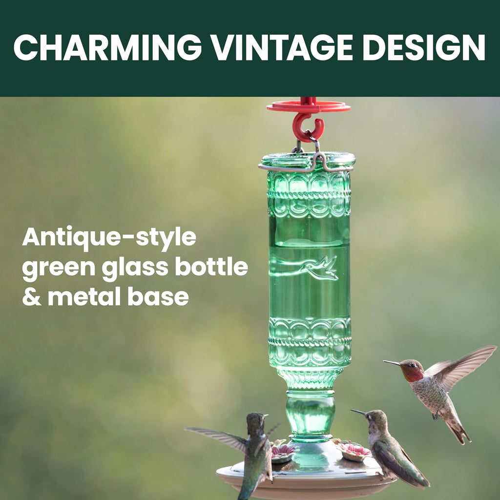 Antique Glass Bottle Hummingbird Feeder, 10 oz Capacity, Green