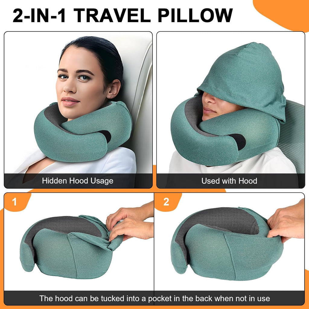 Travel Pillow - Hooded Neck Pillow Airplane Memory Foam Filling for Plane, Office, Cars Sleeping, Road Trip, Long