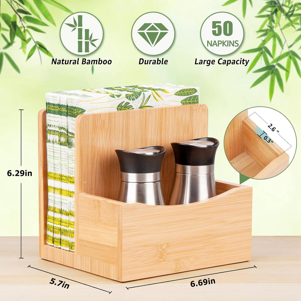 Bamboo Salt Pepper Napkin Holder for Kitchen Dining Table