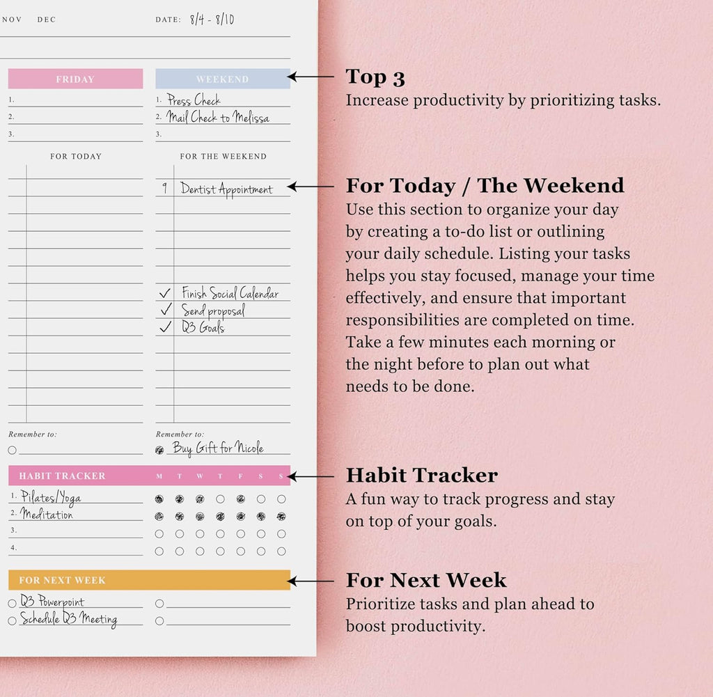 ThreeKin Weekly Planner - Premium 52-Sheet Tear-Off Notepad, 8.5 x 11 inches, Clean Colorful Design, Perfect for