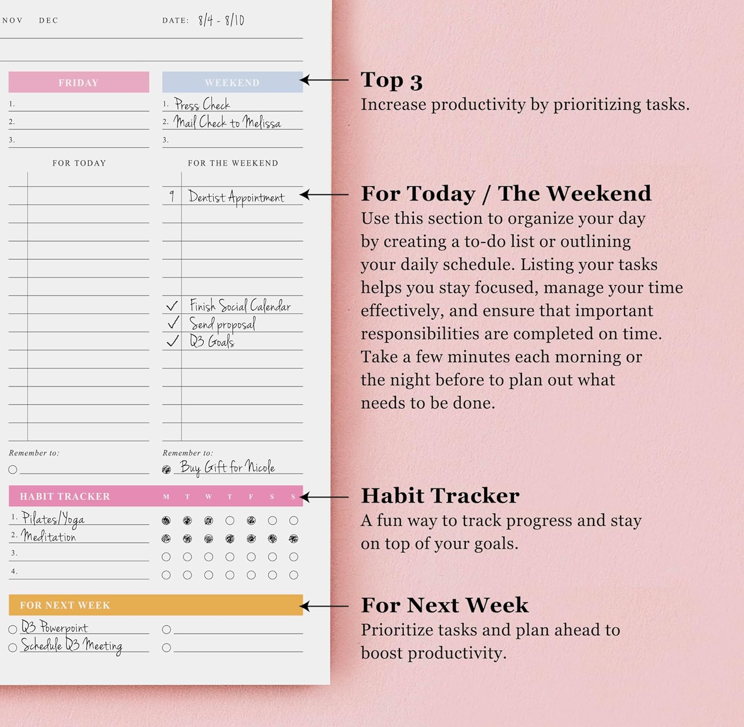 ThreeKin Weekly Planner - Premium 52-Sheet Tear-Off Notepad, 8.5 x 11 inches, Clean Colorful Design, Perfect for