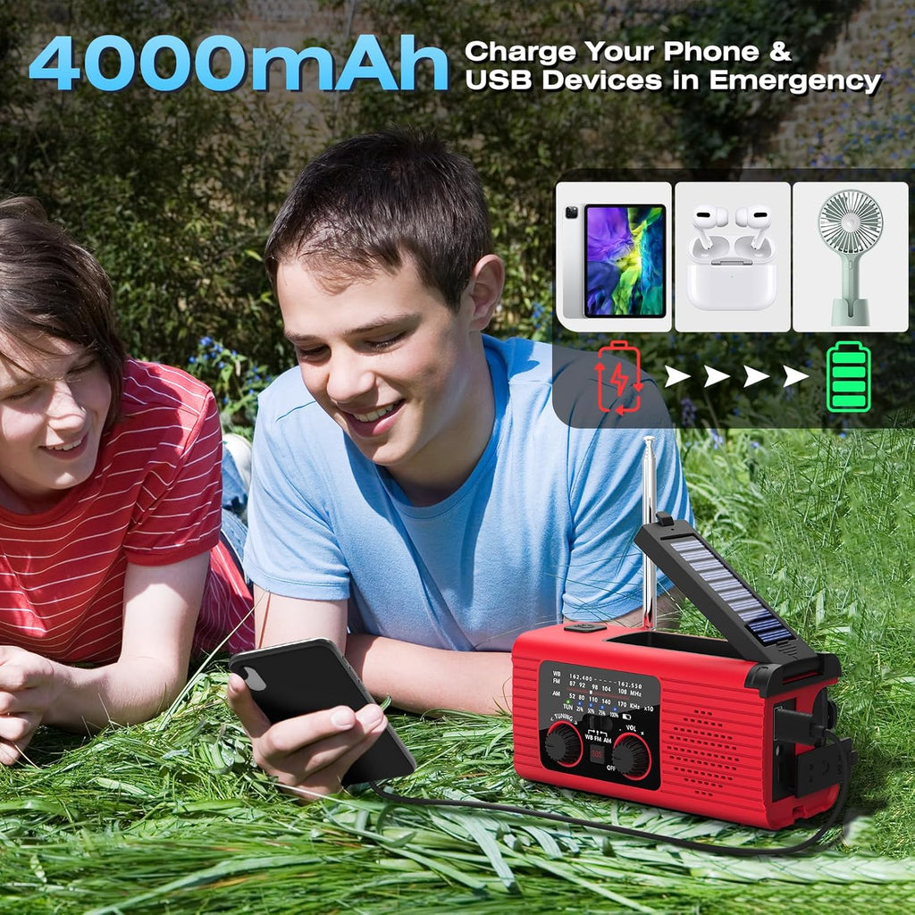 Emergency Weather Radio, 4000mAh NOAA Weather Radio Solar Charging | Hand Crank Radio & USB Charged, Radios Portable