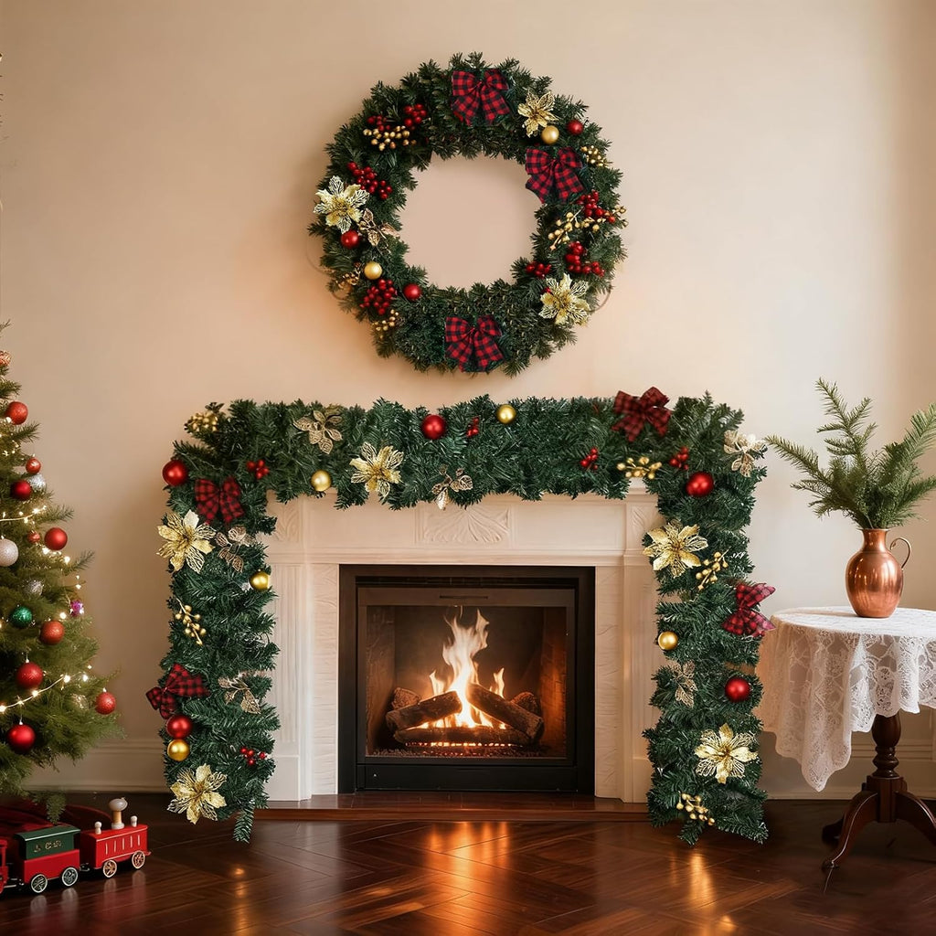 9FT Christmas Garland with Lights, Pre-Lit Garland for Christmas Decorations with, Bows, Berries, Balls, Flowers