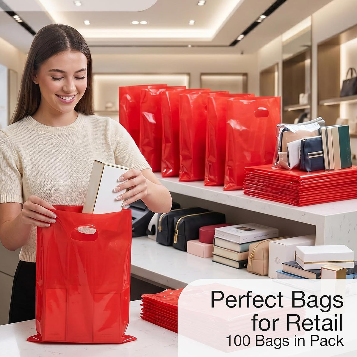 100 Red Plastic Bags With Handles 12x15 Merchandise Bags