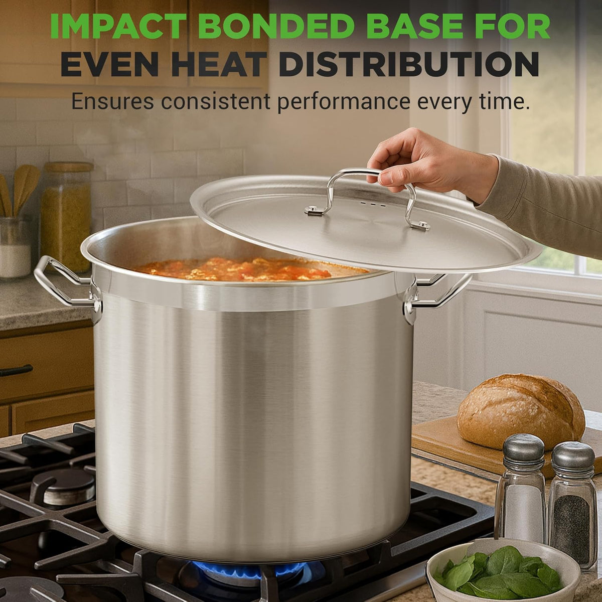 Stainless Steel Stock Pot with Lid 40 Qt | Non-Reactive 8/8 Interior Induction Pot with Even Heat Base | Compatible