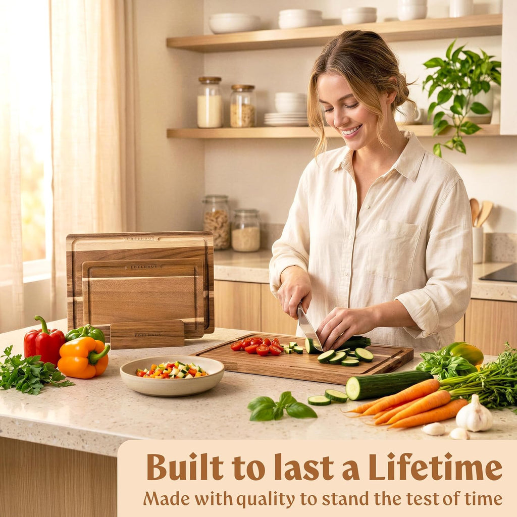 Acacia Wood Cutting Board for Kitchen, Non-Toxic Cutting Board Set of 3, Chopping Boards with Deep Juice Groove for