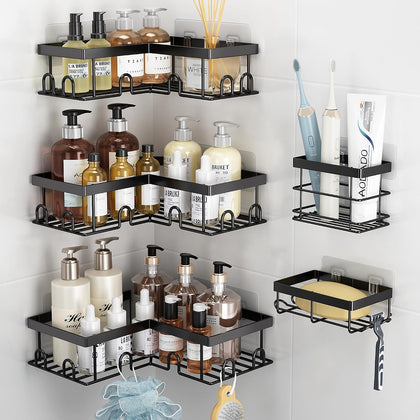Corner Shower Caddy 5 Pack Adhesive Stainless Steel Organizer Black | Shower Shelves with Soap Rack Toothbrush