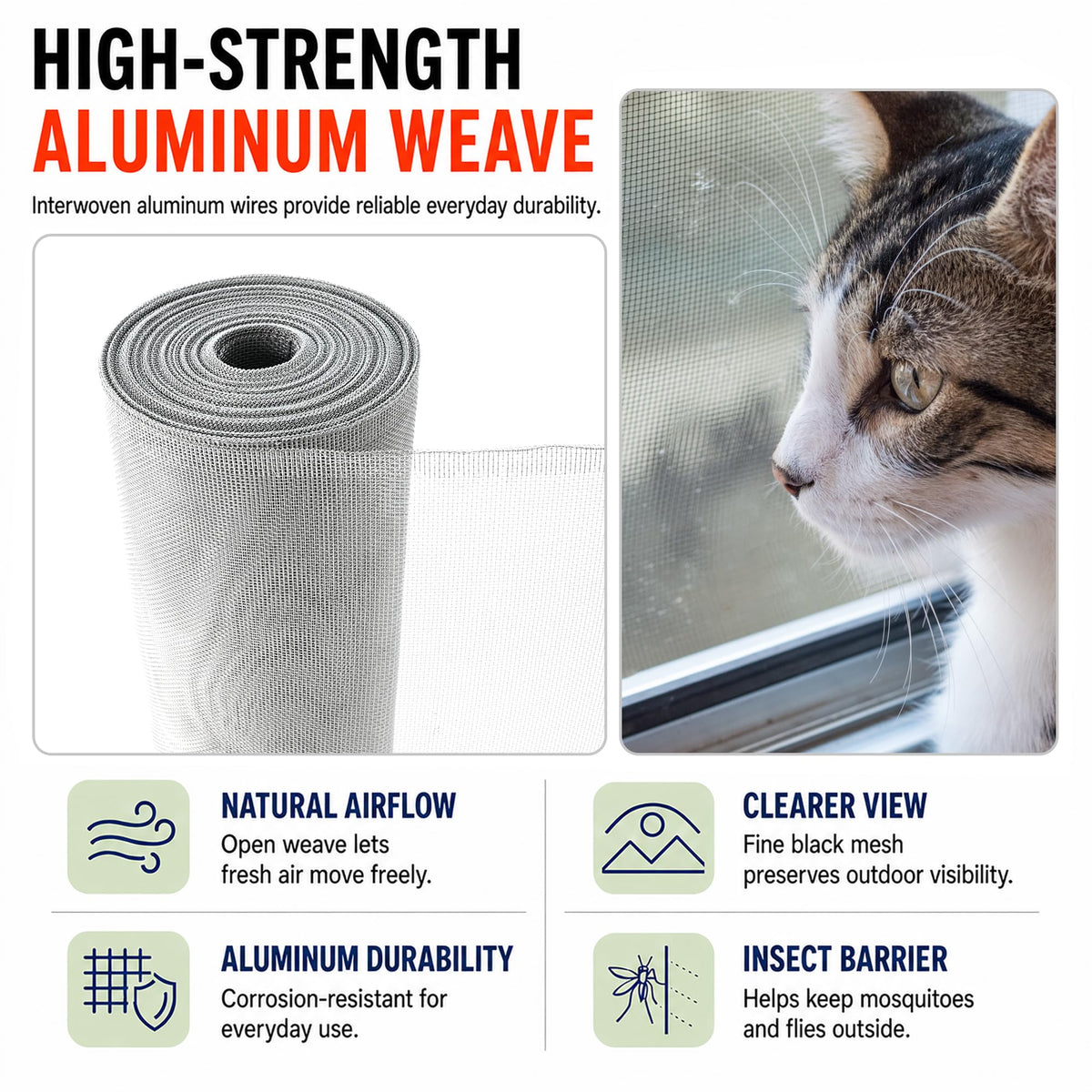 Aluminum Window Screen Mesh Roll, 36 in x 50 ft, 18x16 Mesh,Silver
