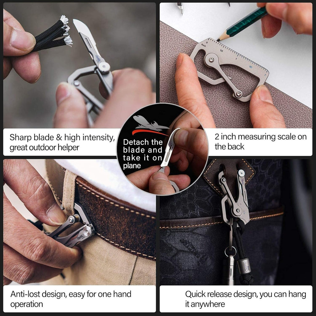 KU00 Titanium Quickdraw Carabiner Multitool with Folding Knife | B Shape, 2 Inch Ruler, Compact Pocket Size