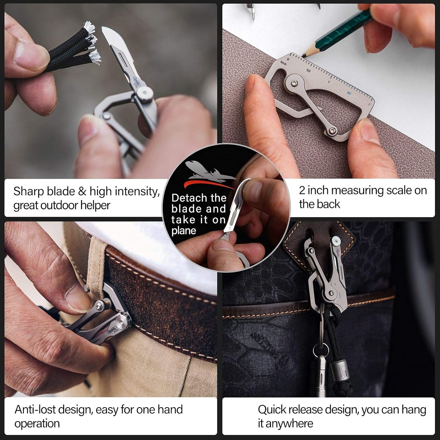KU00 Titanium Quickdraw Carabiner Multitool with Folding Knife | B Shape, 2 Inch Ruler, Compact Pocket Size