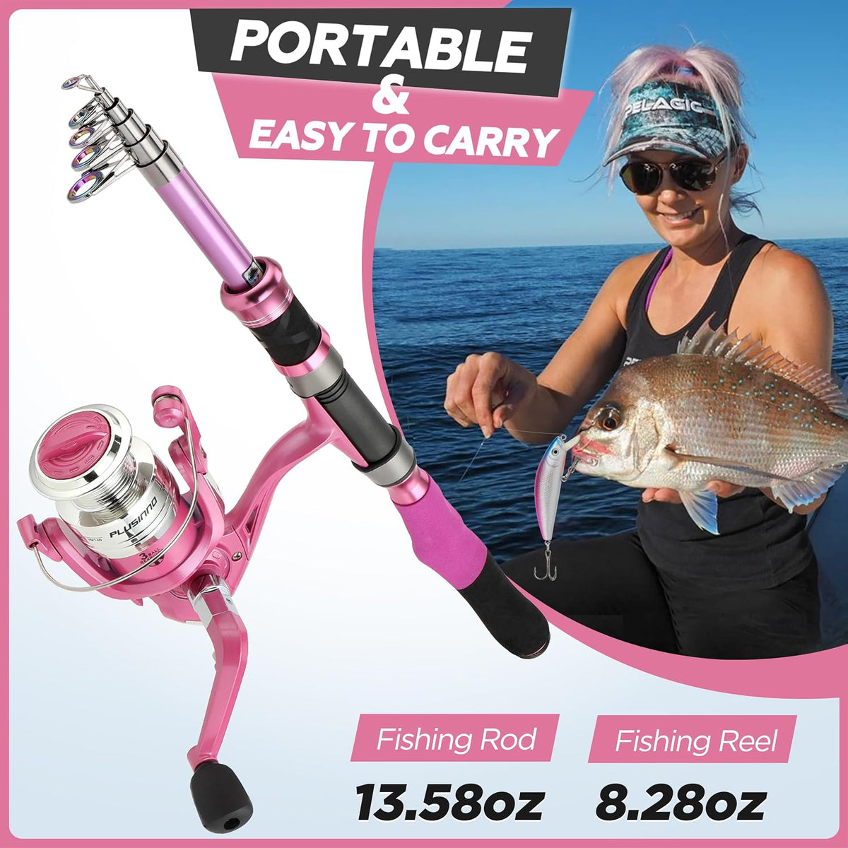 Fishing Rod and Reel Combos, Fishing Gear Gifts for Women with Spinning Reel, Lures, Line, Pink Ladies Telescopic