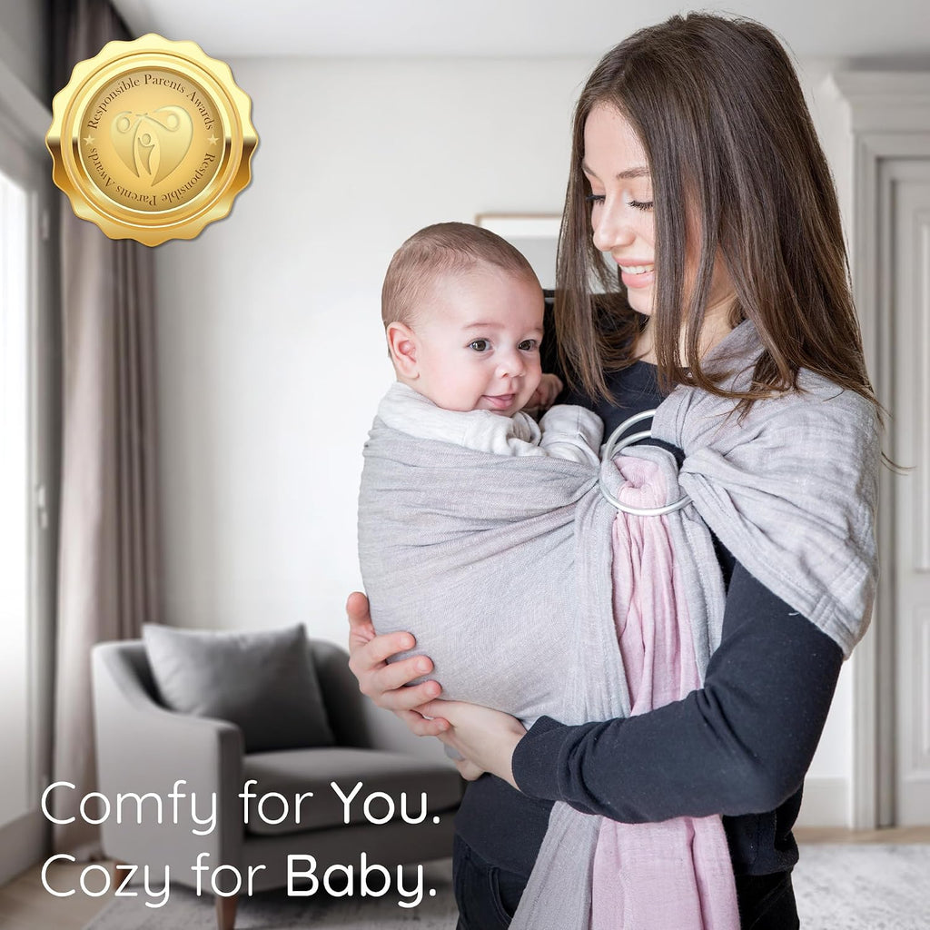 Ring Sling Baby Carrier - USA Lab Tested, 100% Natural Cotton Muslin, Breathable & Ergonomic Ring Sling Grey Rose