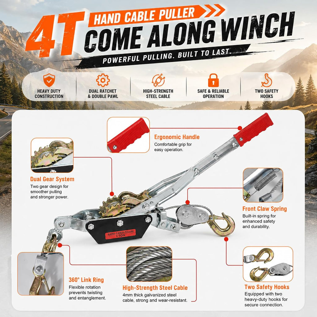 4 Ton Come Along Winch, 13ft Galvanized Steel Cable Power Puller, Dual Ratchet Pulley & Double Lock Claw, Manual