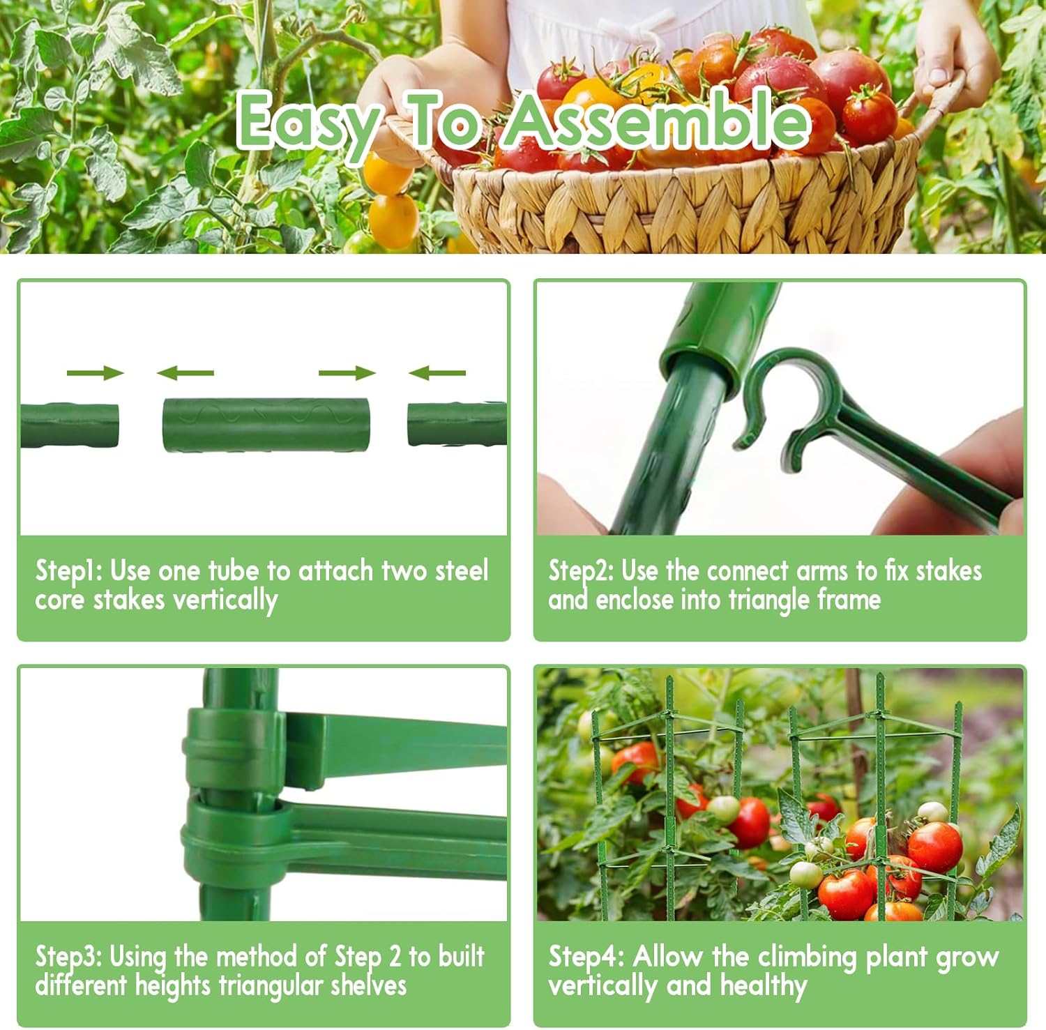 2 Pack 5.2 FT Tomato Cages for Garden- 63inches Heavy Duty Garden Stakes, Adjustable Tall Tomato Plant Support Tomato