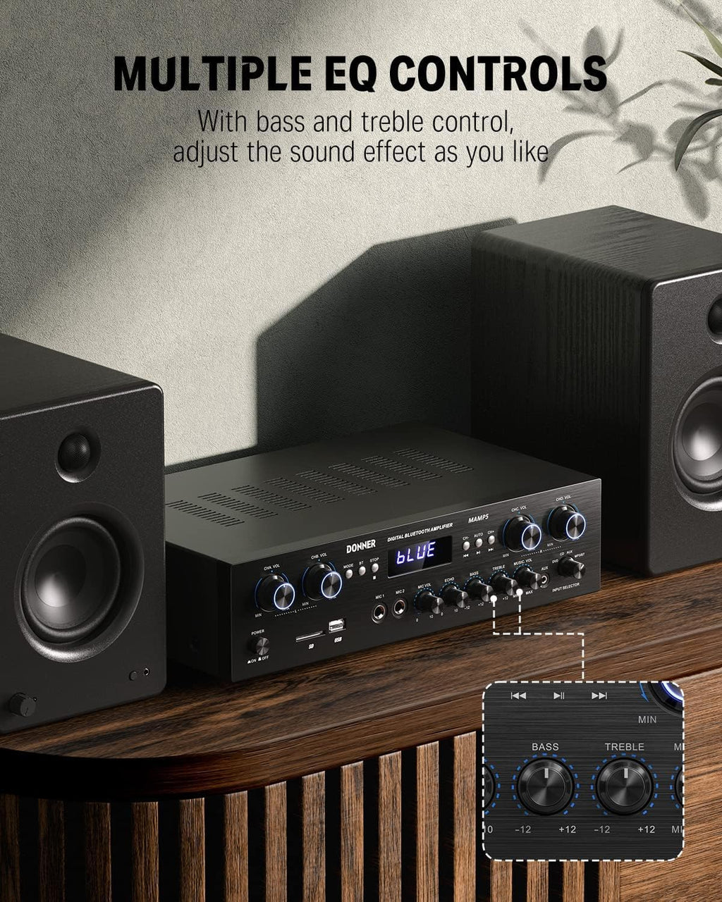 Bluetooth 5.0 Stereo Audio Amplifier Receiver, 4 Channel 440W Peak Power Home Theater Stereo Receiver with USB, SD