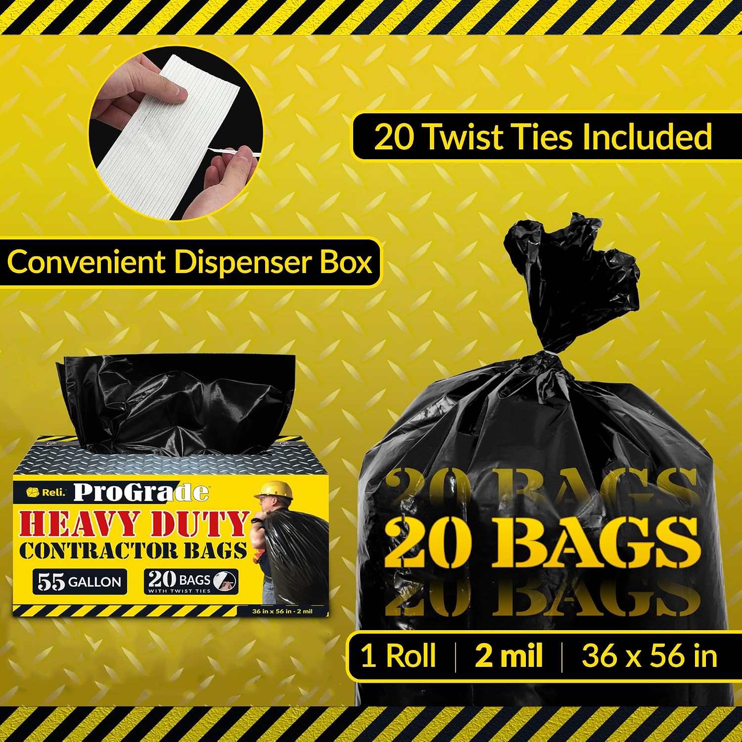 Contractor Garbage Bags 55 Gallon | 20 Trash Bags | Heavy Duty | Black Contractor