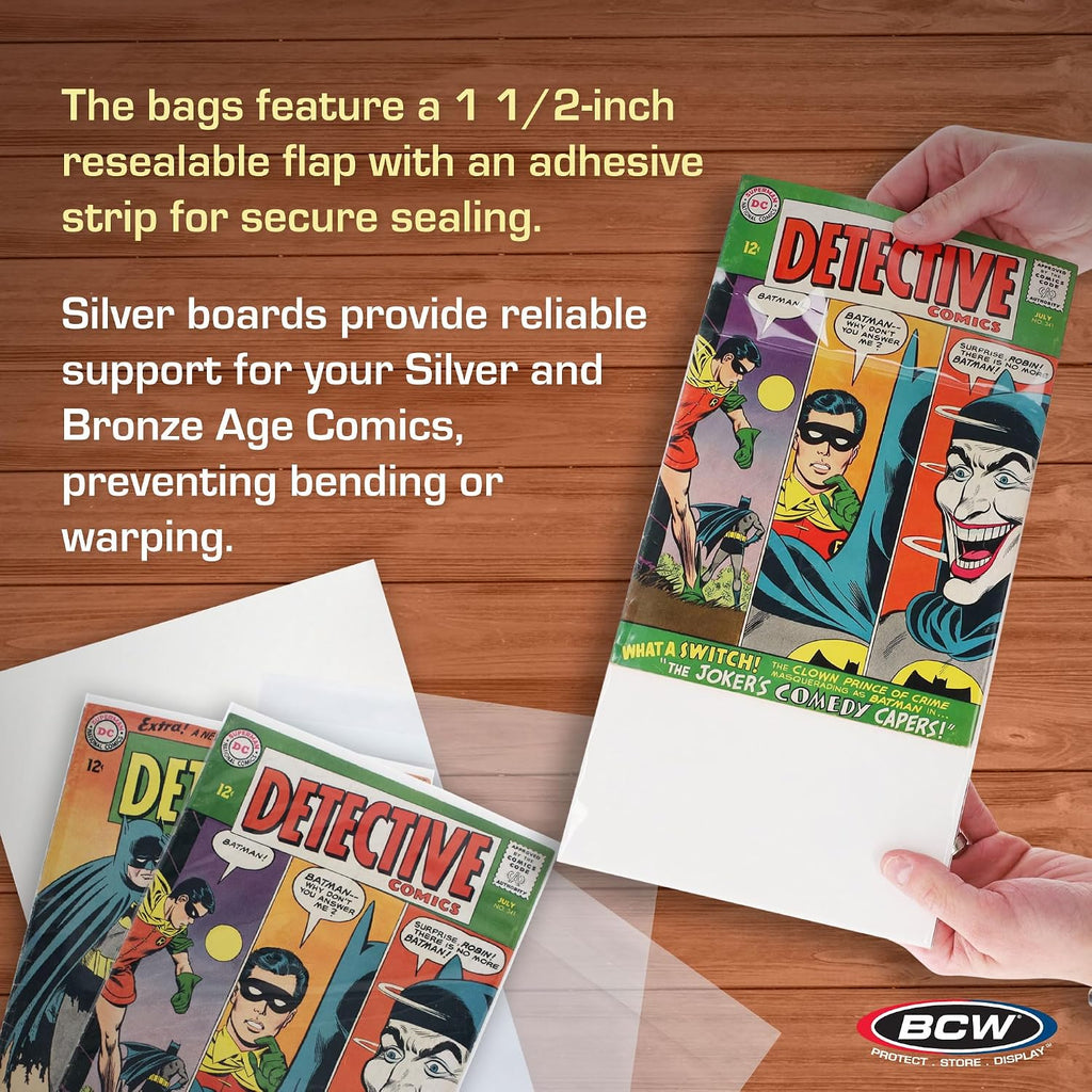 Silver Age Resealable Comic Bags and Boards Combo (100 Ct) | 100 Backing Boards + 100 Resealable Comic Bags |