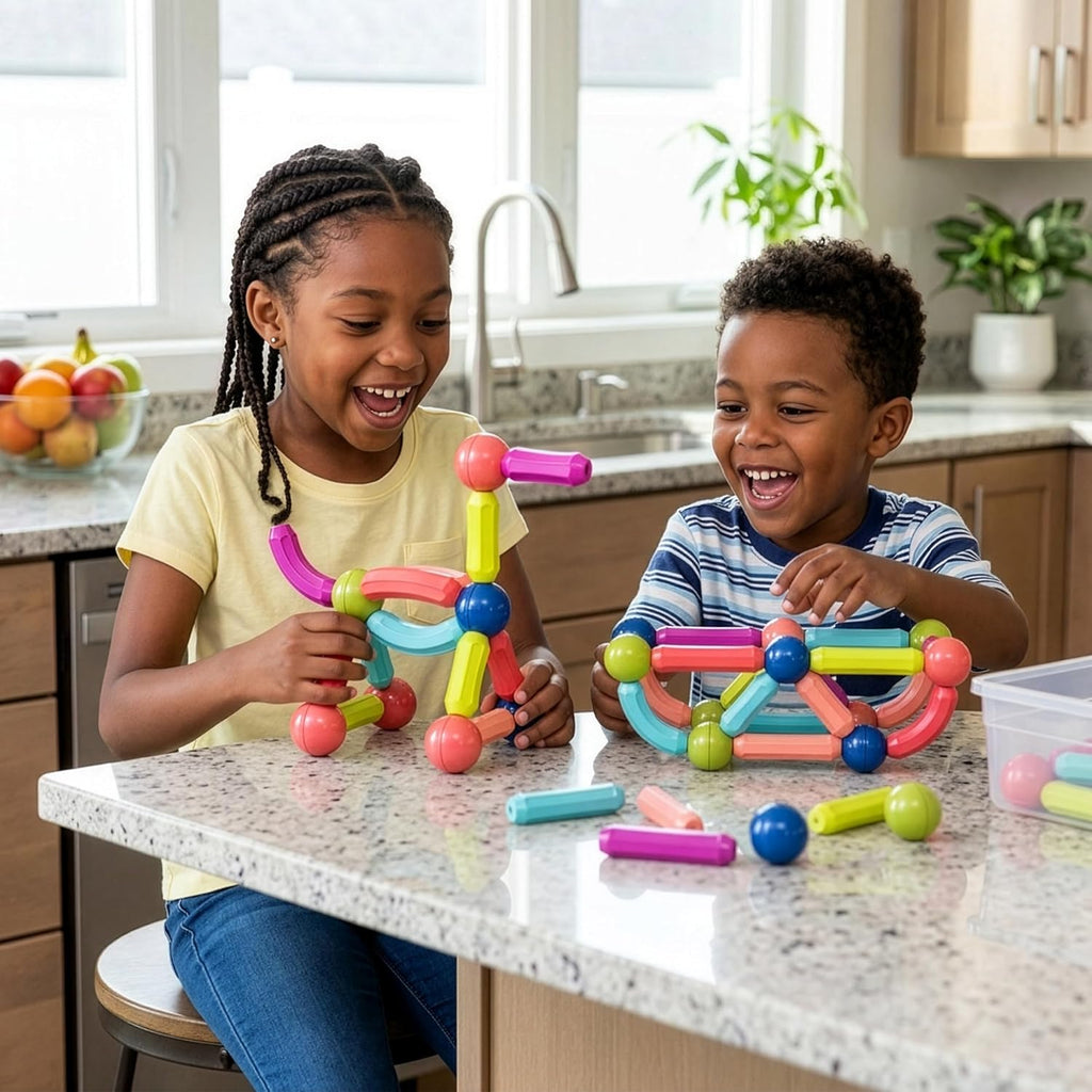 Magnetic Building Stick Block Construction Set with Storage Bin Colorful 3D STEM Toy Blocks Bar Balls & Rods