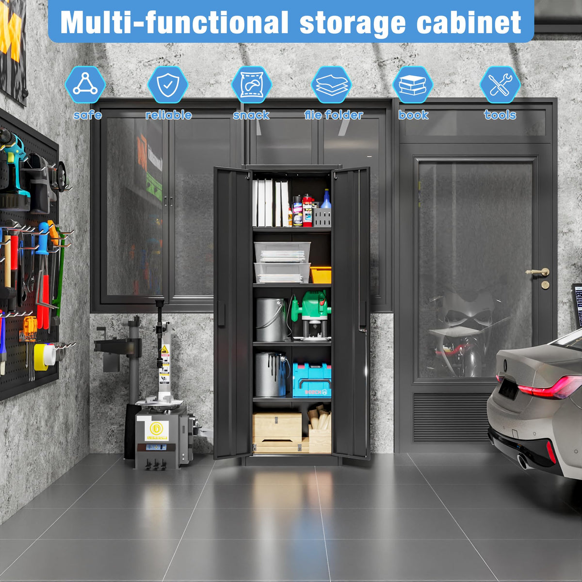 24" W Slim Metal Garage Storage Cabinet, Black
