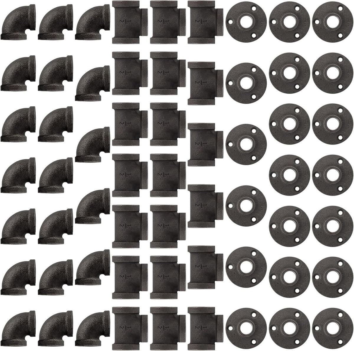 60 Pack 1/2 Inch Cast Iron Pipe Fittings with Elbows Tees Flanges