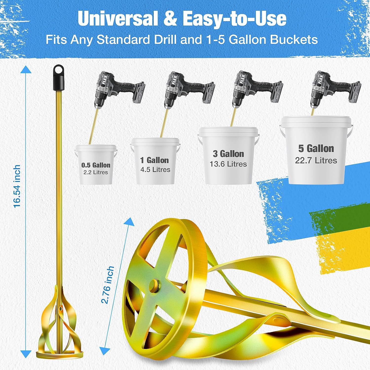 2-Pack Paint Mixer for Drill, Upgraded 4-Blade 2.76" Helix Mixing Paddle Rust-Proof Paint Stirrer, Fits All Standard
