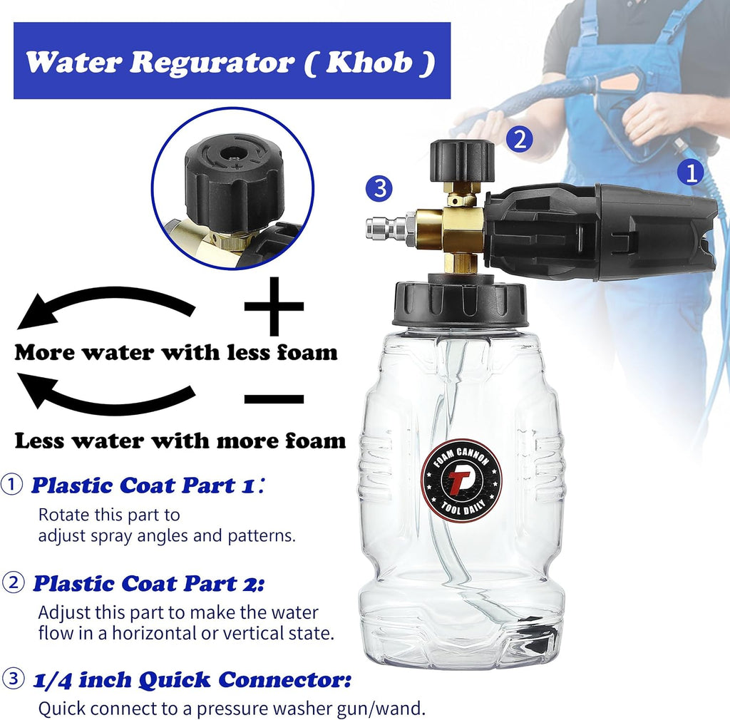Pressure Washer Foam Cannon with Dual Connector, 1 Liter | Double Tip Attachment for Soap Cannon, 5 Power Washer
