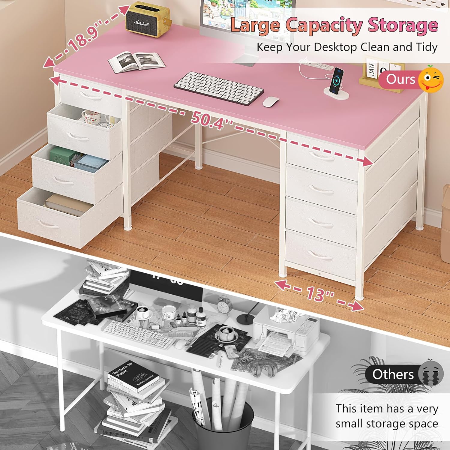 50 Inch Computer Desk with 8 Drawers, Home Office Desk with Power Outlets, Work Study Gaming Desk with 8 Fabric
