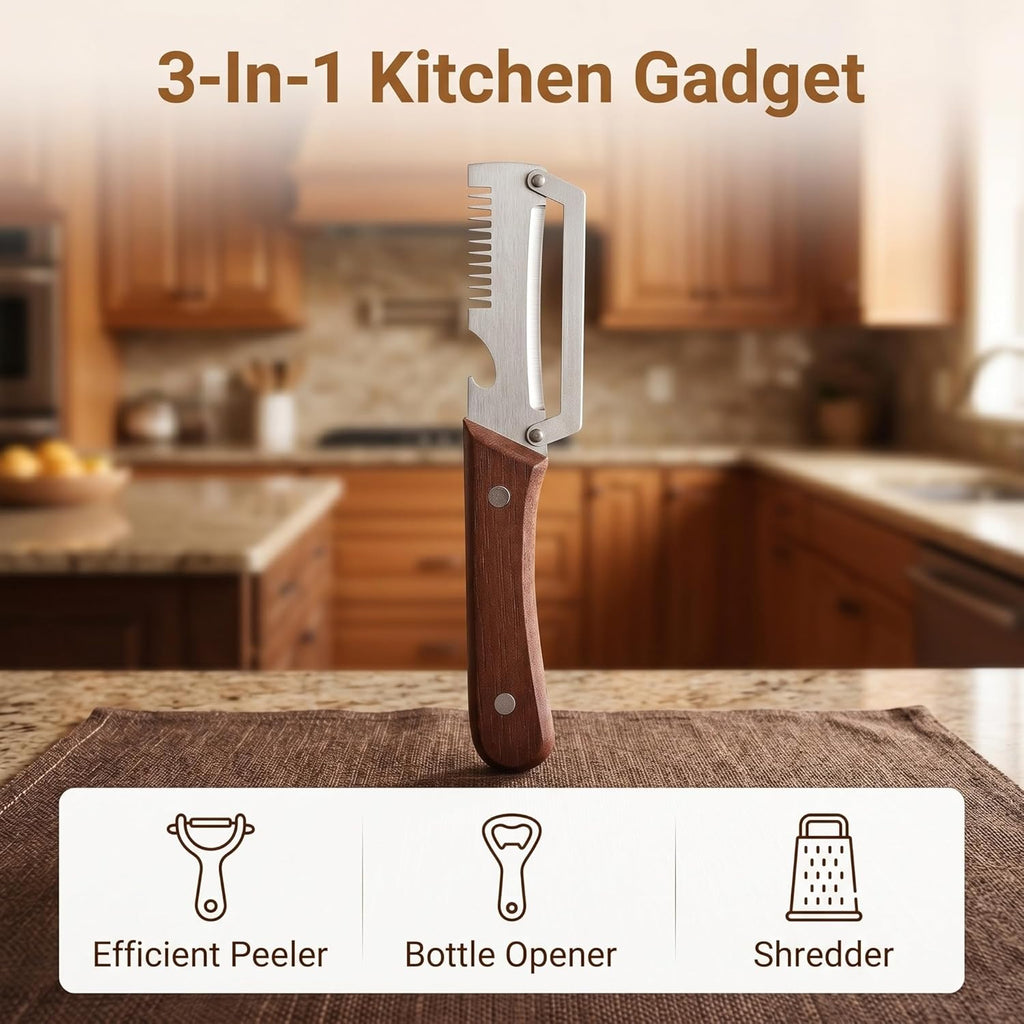 Multifunctional Vegetable Peeler, 3-In-1 Kitchen Gadget With Wooden Handle, Bottle Opener And Shredder, Suitable For