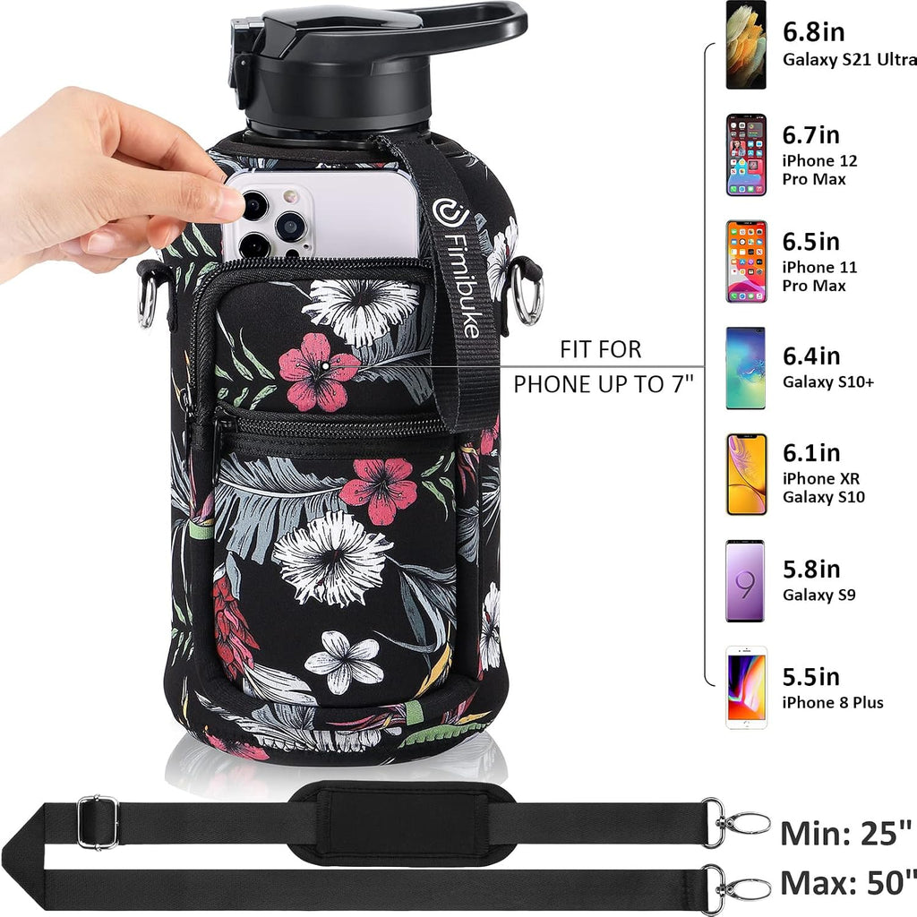 Half Gallon Water Bottle with Sleeve 64 OZ Water Bottle with Handle & Straw Leakproof Motivational Sports Gym Water