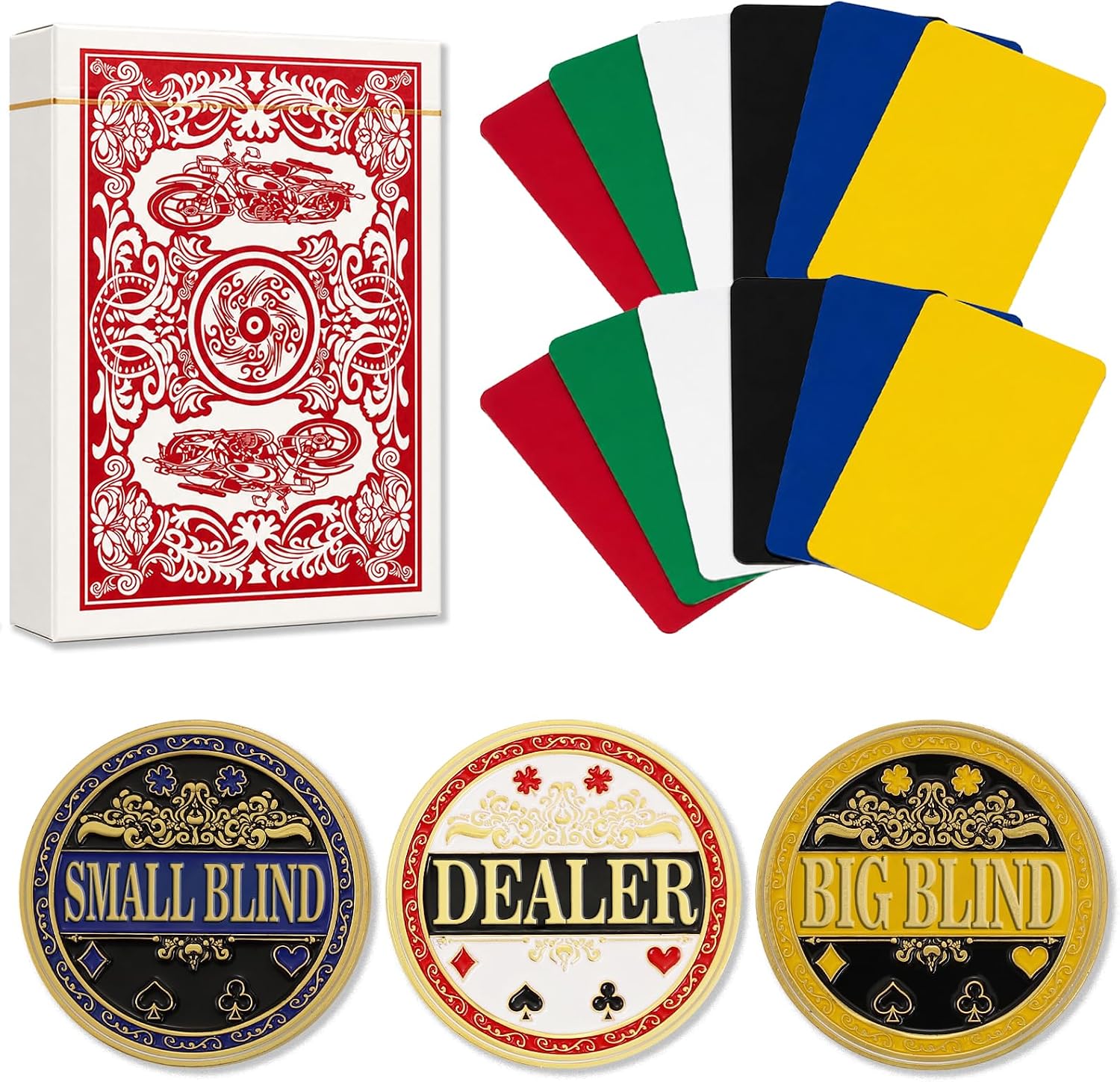 Poker Dealer Kit — Metal Dealer Button Set with 12-Pack Poker Cut Cards & Playing Cards for Texas Hold'em, Blackjack