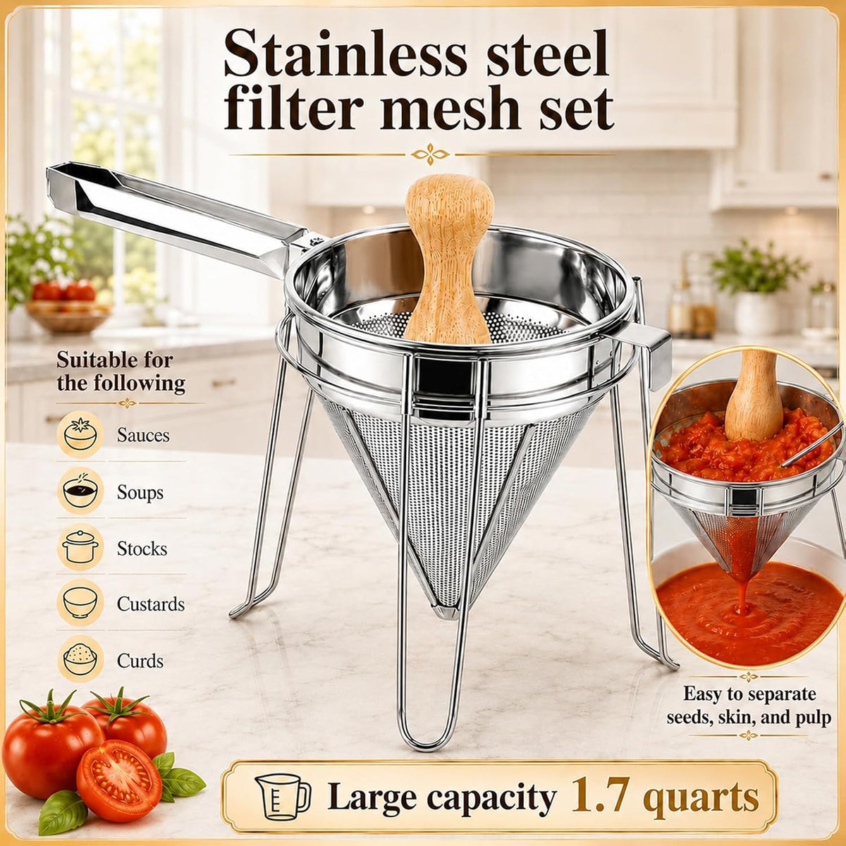 Chinois Strainer Set with Stand & Pestle, China Cap Strainer for Sauces