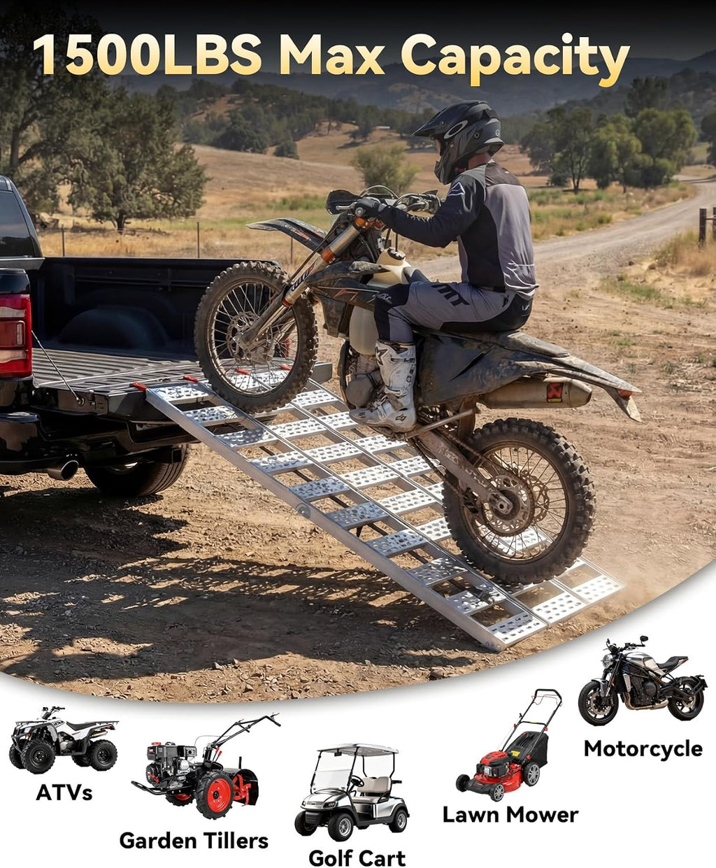 Tri-Fold Aluminum Loading Ramp for Pickup Trucks & Trailers, 1500 lbs Capacity Folding Ramp for Motorcycles, ATV