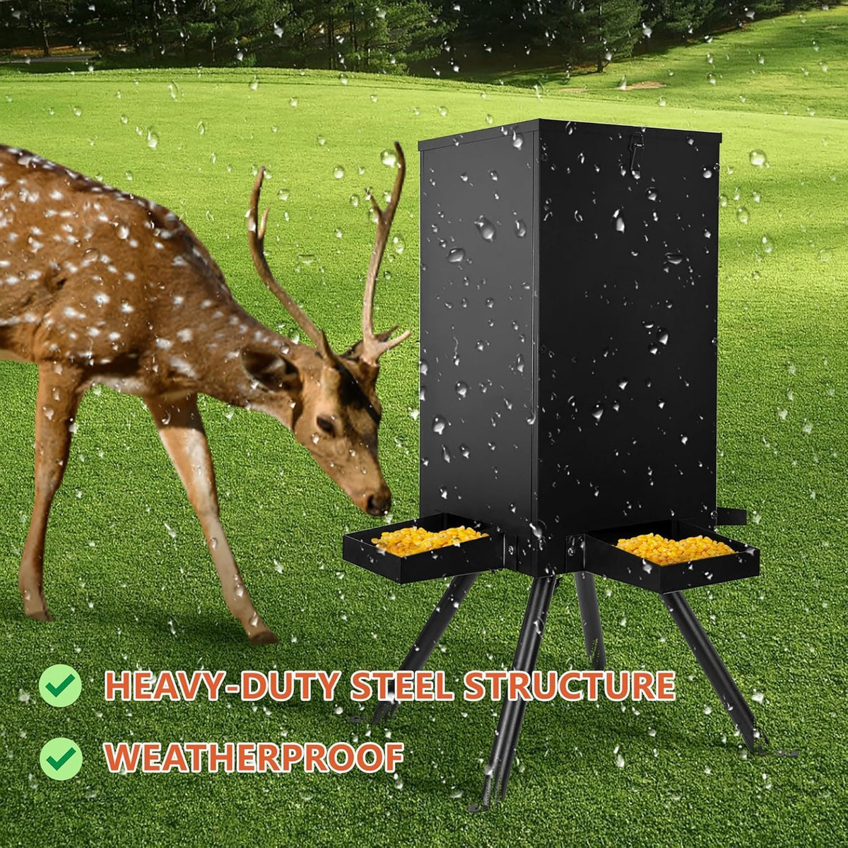 85lbs Deer Feeder, Weatherproof Deer Feeders with 4 Feeding Tray and 4-Leg Stand, Heavy Duty Metal Gravity Feeder for